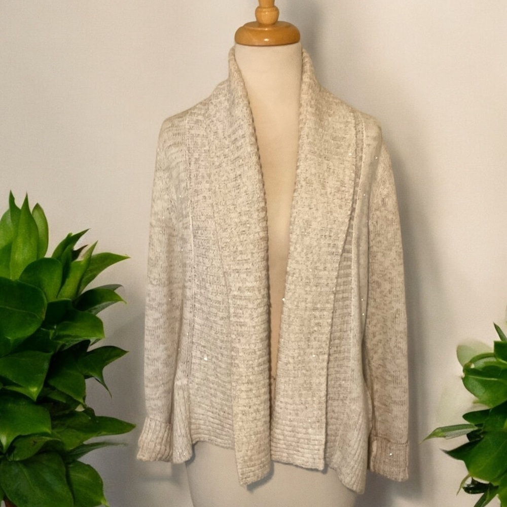 INC International Concepts Shawl Collar Ivory & Taupe Sparkle Cardigan Size M